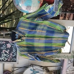 EUC Roper Western green yellow and blue plaid shirt